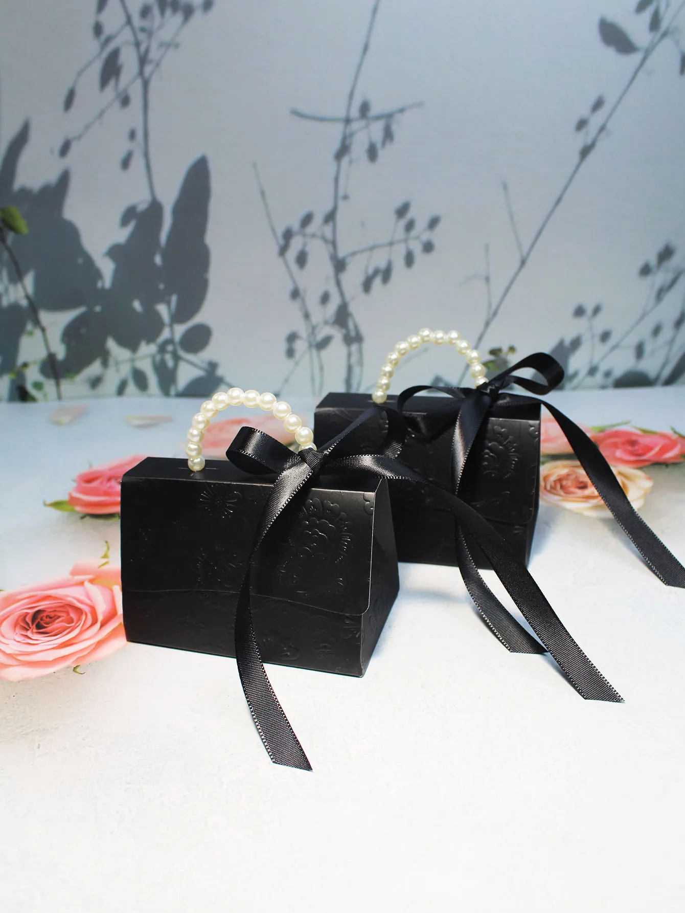 Stylish Embossed Gift Box in Black White Variants with Satin Ribbons Pearl Handles Available in Multiple Sizes for All Occasions