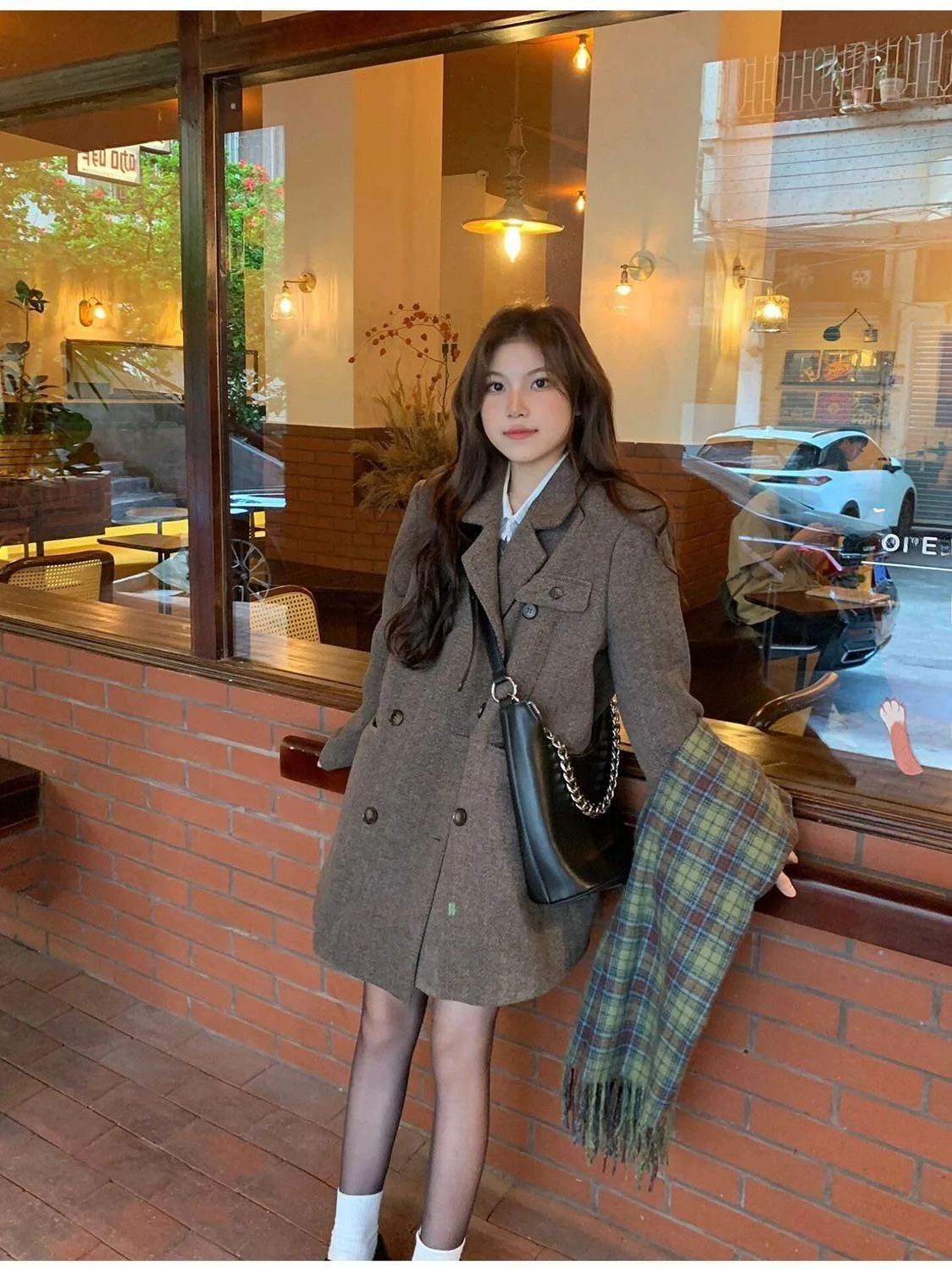 

Korean Style Woolen Suit Jacket Women's Mid-Length Autumn Winter College Style Deep Brown Woolen Coat Retro Style Long Sleeve