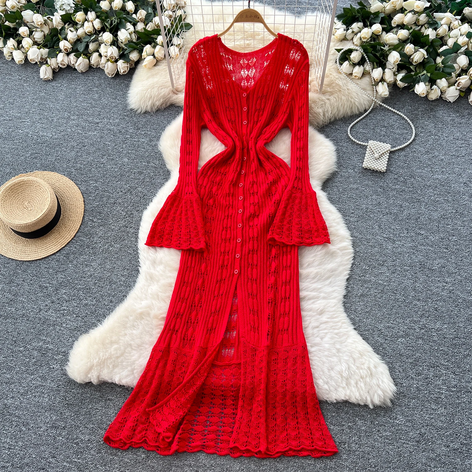 

Chic Elastic button Knit Bodycon Hook flower hollow V-neck Elegant Korean Fashion Vestidos Summer Slim Wrap Pencil Dress
