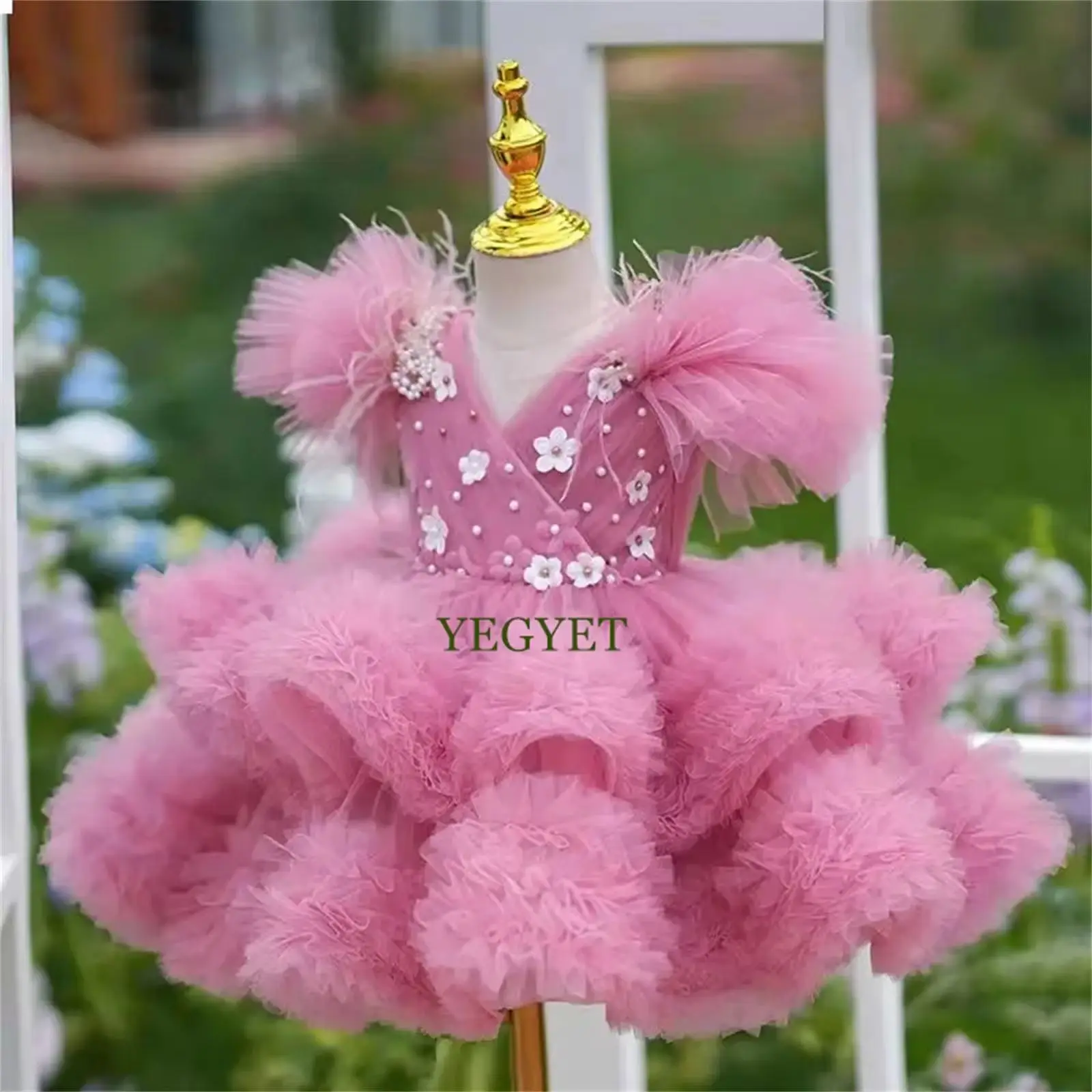 

CustomizedElegant Pink Flower Girl Dress Puffy Sleeve Kids Princess 1st Birthday Wedding Party Children Holiday Ball Gown