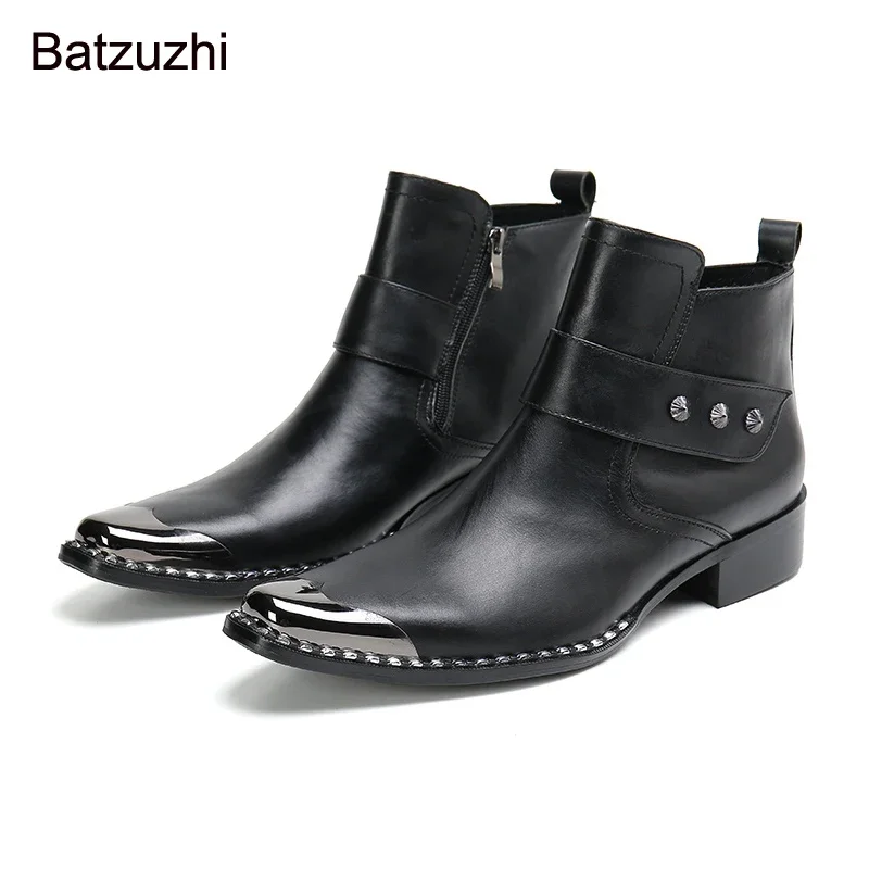 

Batzuzhi Iron Head Black Men's Ankle Boots Handmade Men's Boots Shoes Zip Buckles Rock Fashion Botas Hombre, Big Sizes 37-46!