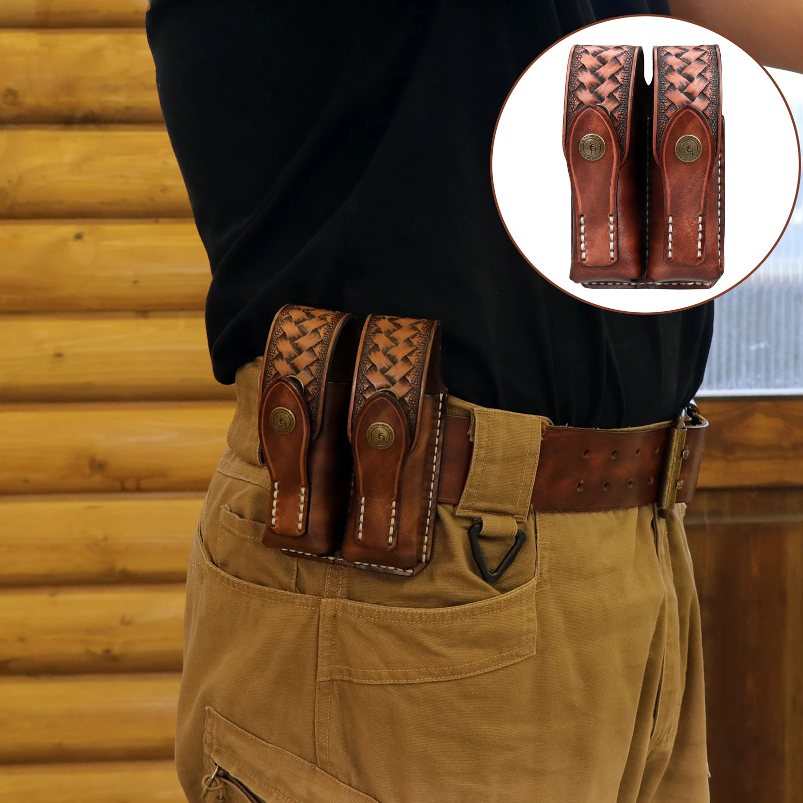 

Tourbon Leather 9mm Pistol Double Mag Bag Brown Double Stack Magazine Belt Holster for .380 / 40 Cal for S/Colt 1911 Hunting