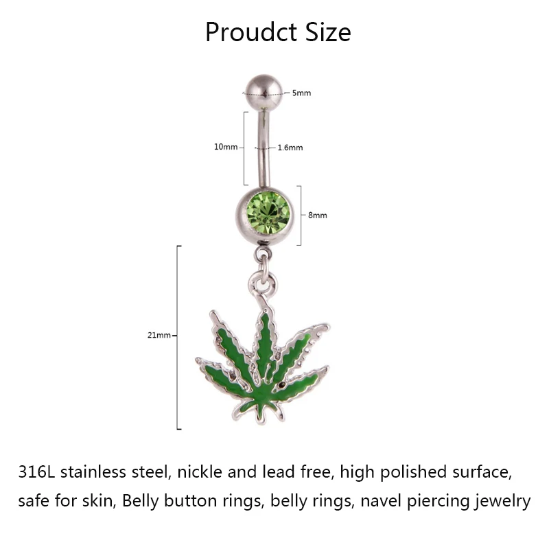 316L Stainless Steel Leaf Belly Button Ring for Women, Green Maple Leaf Dangle Belly Rings Barbell Navel Body Piercing Jewelry