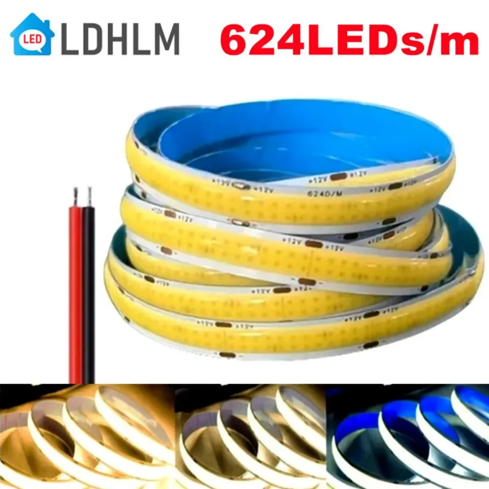 

COB LED Lights Strip High Brightness Flexible FOB LED Tape Double Row 624LEDs/M DC12V/24V RA90 3000K 4000K 6000K Dimmable Strip