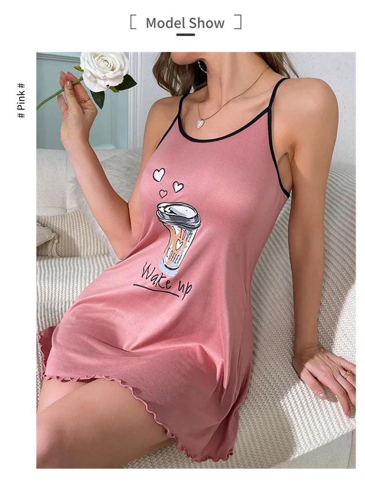 Damen-Sommer-Nachtwäsche, bedruckte Cartoon-Pyjamas, Träger-Nachtwäsche, lässiges und bequemes Hauskleid, Nachthemd. – Detail 4
