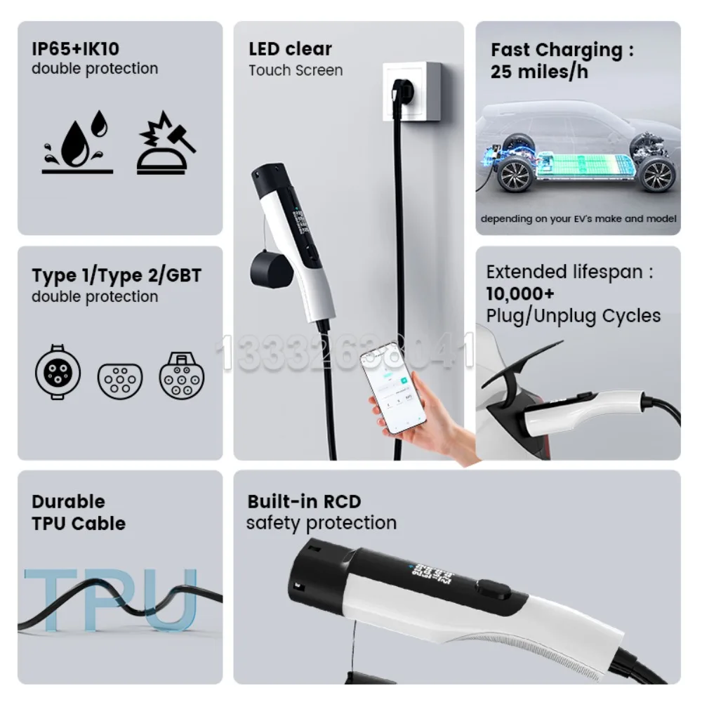 Discount Portable EV Charger 3.5KW 16A 7KW 32A 5M Cable Type2 EU Plug Wallbox Adapter For Electric Vehicle All-in-One APP