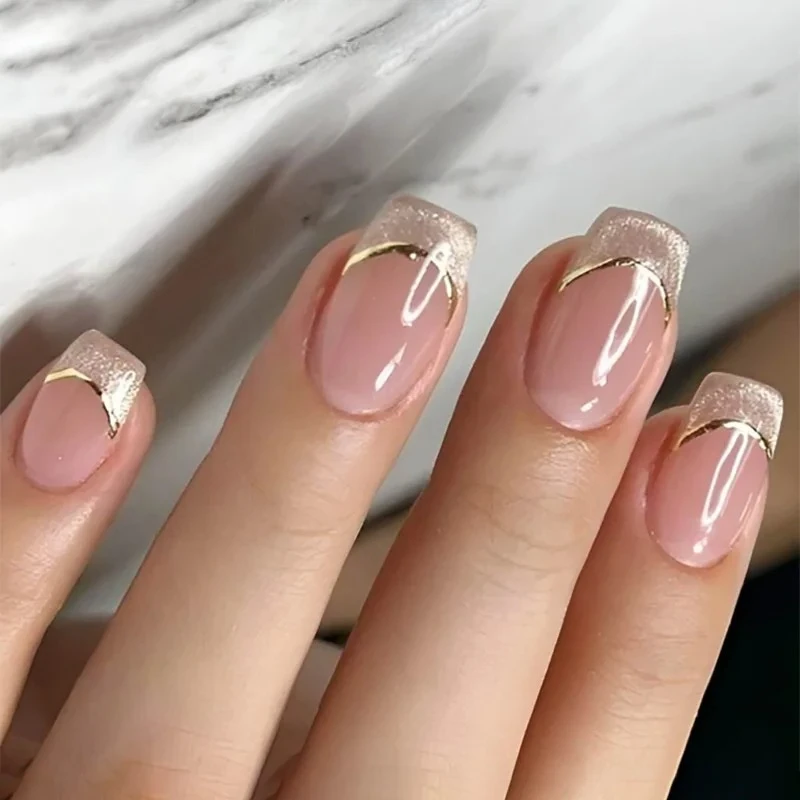 

Glitter Powder Gold Line Square False Nails Art French Pearlescent Aurora Classic Simple Almond Pointed Fake Nail Press on Nails