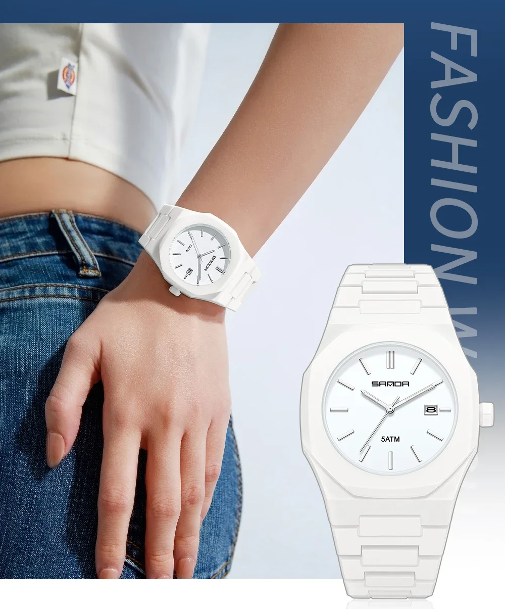 산다 신제품 9091 패셔너블 남녀 공용 쿼츠 시계, 5ATM 방수 옥타곤 듀얼 톤 다이얼, 무광택 학생용 시계