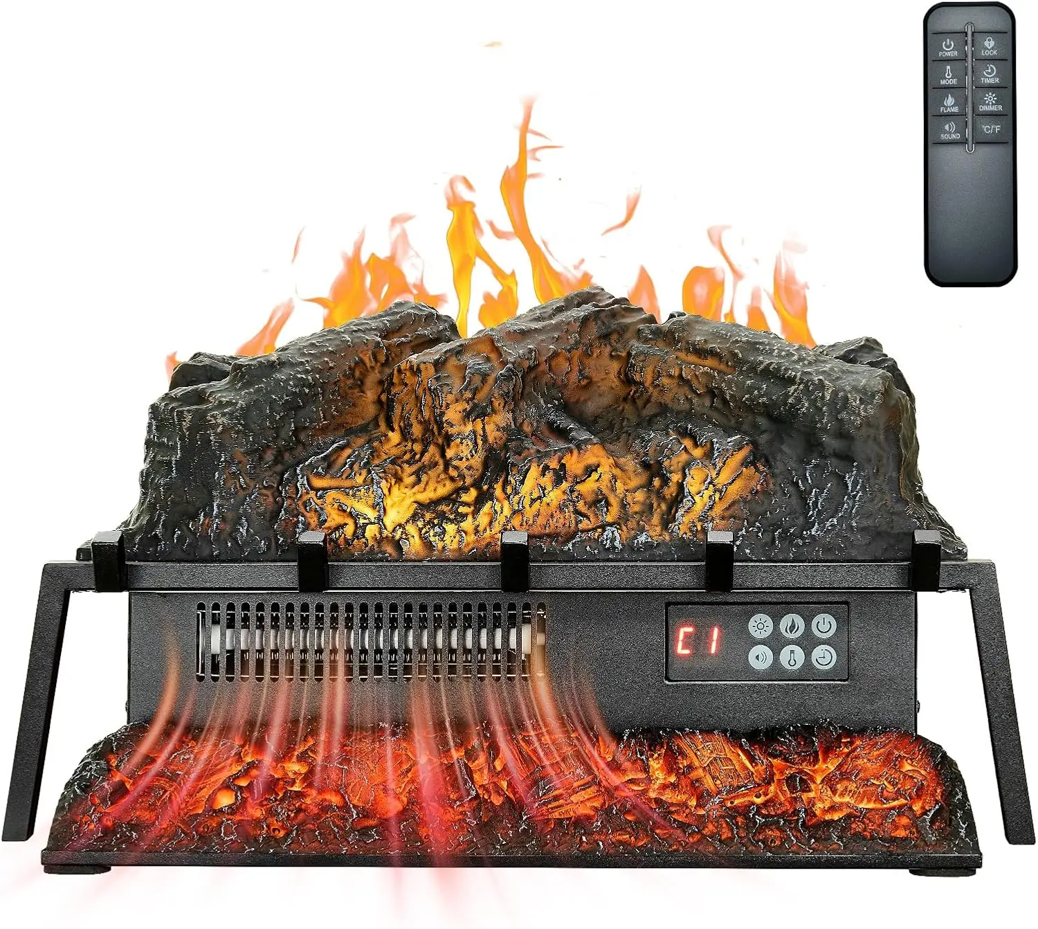 

23' Electric Fireplace Log Heater with Remote, Crackling Sound, 5 Brightness Levels, Thermostat & Timer, Black