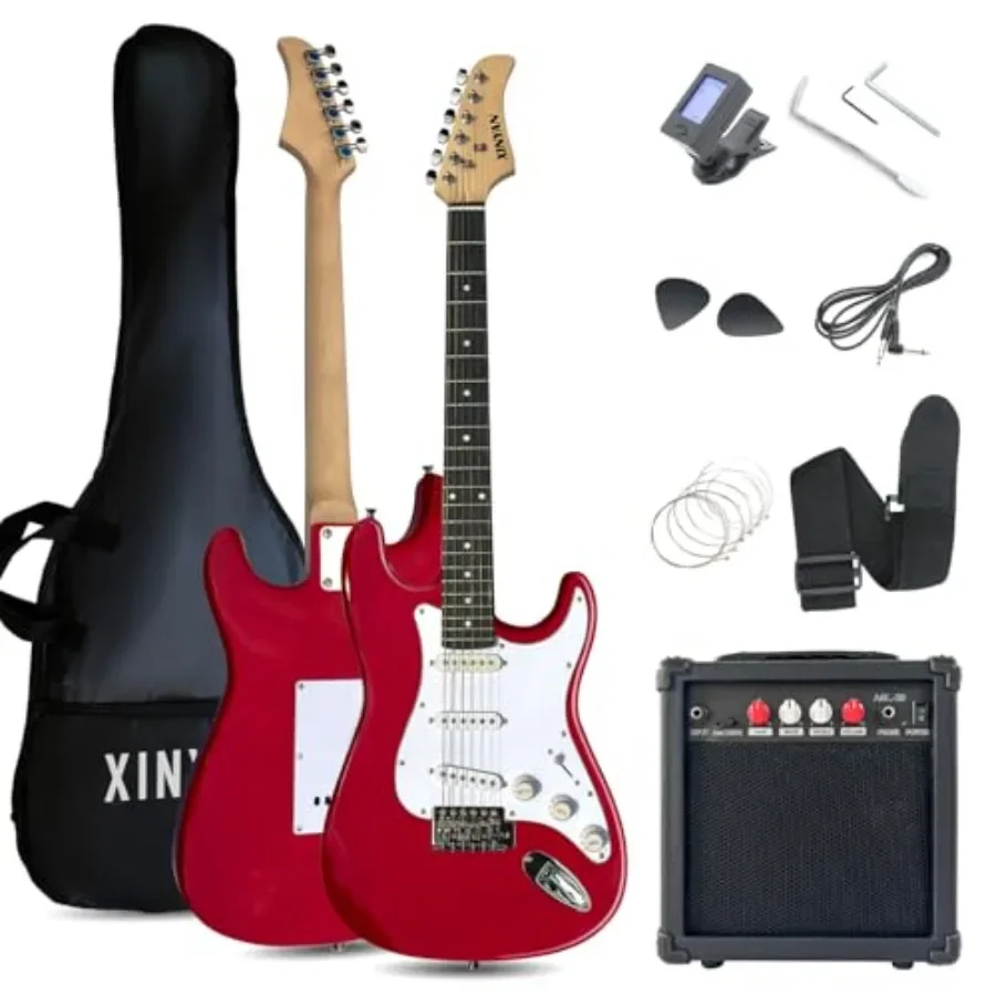 Beginner electric guitar starter kit for home practice: red full-size 39in guitar with basswood body, includes case, strap, 20W