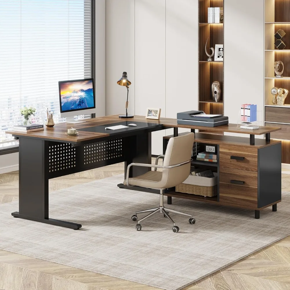 63 Inch Executive Desk with File Cabinet, Large Office Desk L Shaped Computer Desk with Drawers and Storage Shelves, Business