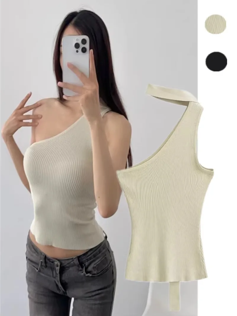 

Slim Fit Knitted Vest Pure Desire Design oulder Strap Binding Street Sle ort Length Color Inner Wear for Slimming...