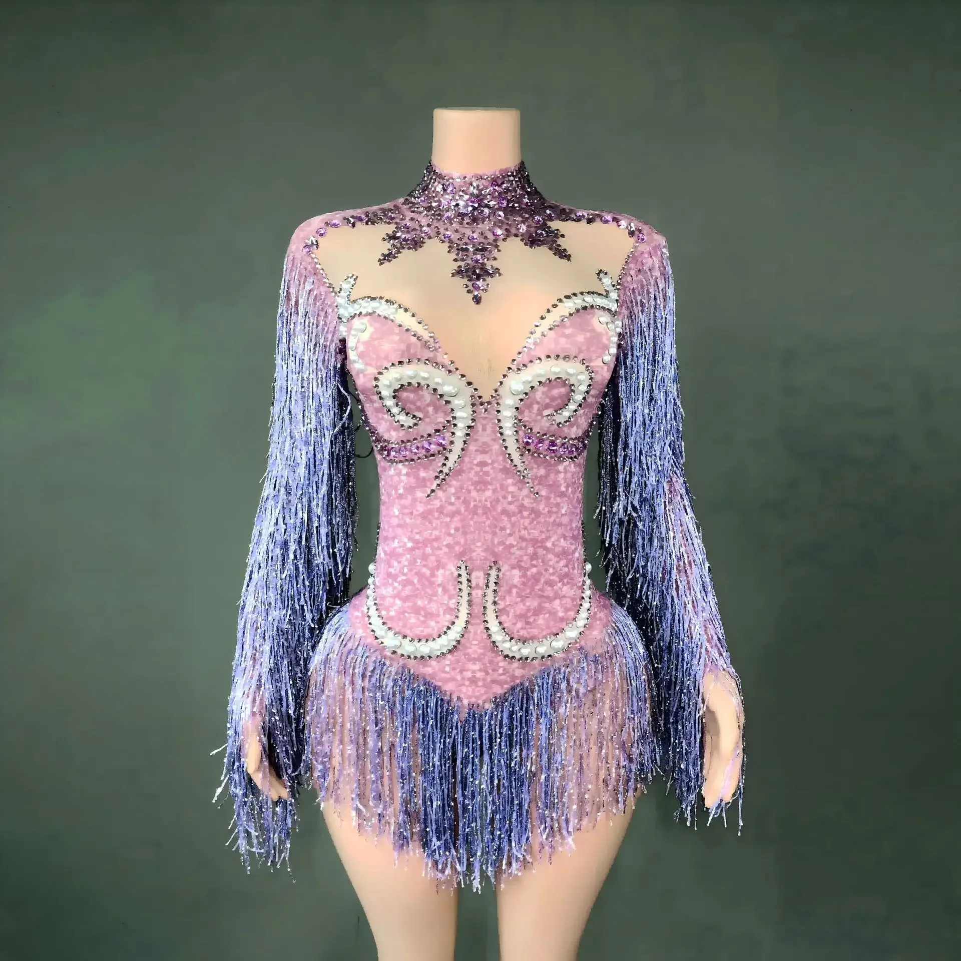 Neues Tanzkostüm für Frauen, Geburtstagsparty-Outfit, Luxuriöser Grauer Fransen-Body mit Silberfarbenen Strasssteinen und Perlen, Transparenter Bodysuit – Detail 19