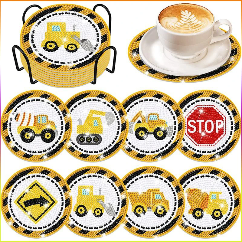 

CHENISTORY 8 Pcs Toy truck Diamond Art Painting Coasters Kits with Holder DIY Diamond Art Coaster Non Slip Coaster Kits Supplies