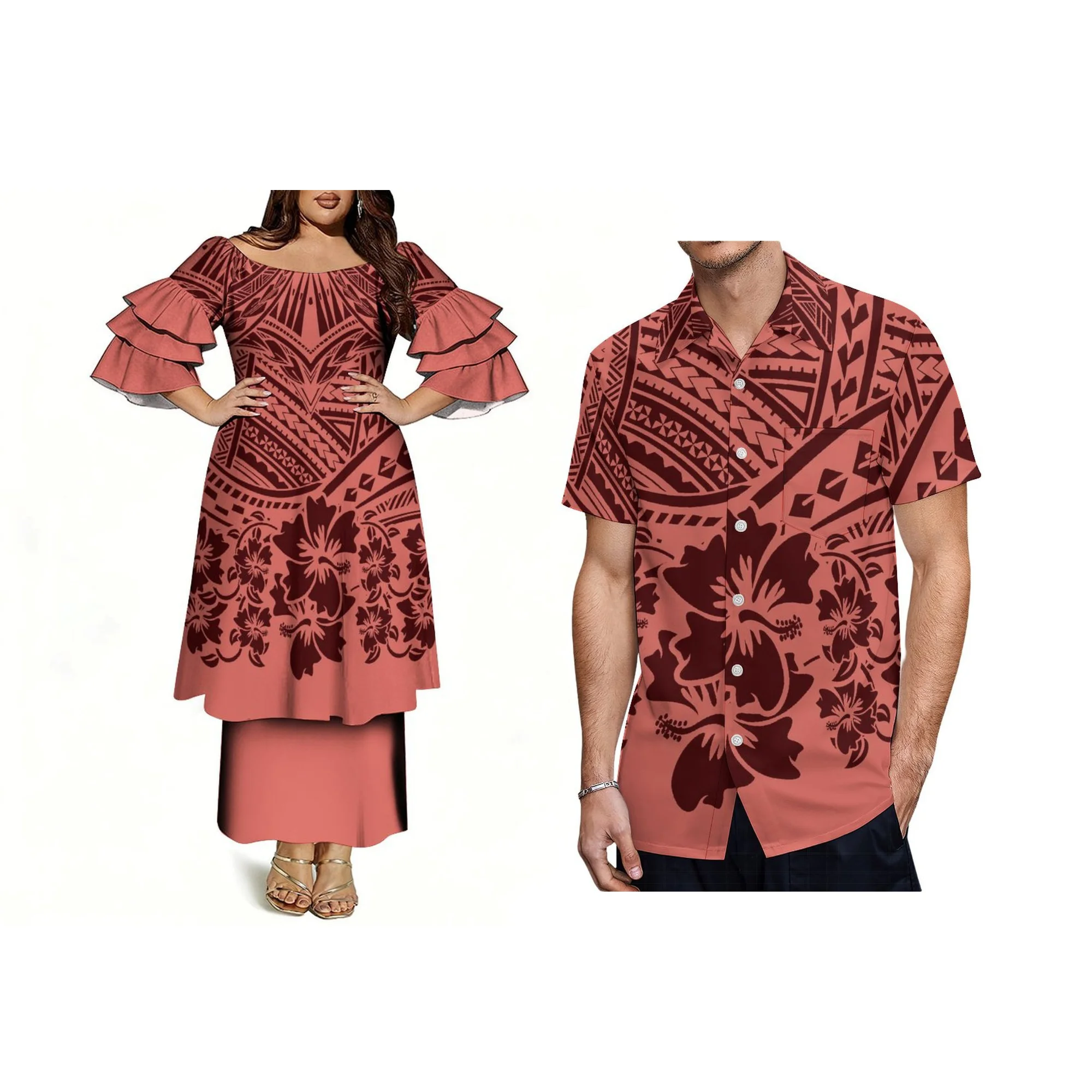

Wholesale Customized off the Shoulder Dress Fashion Three Layer Sleeve Prom Samoa Puletasi Dress Two Piece Outfits