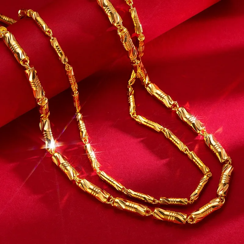 Fylia Jewelry  24K gold cylindrical double bamboo necklace 9999 real gold men's and women's solid color bamboo knot gold jewelry