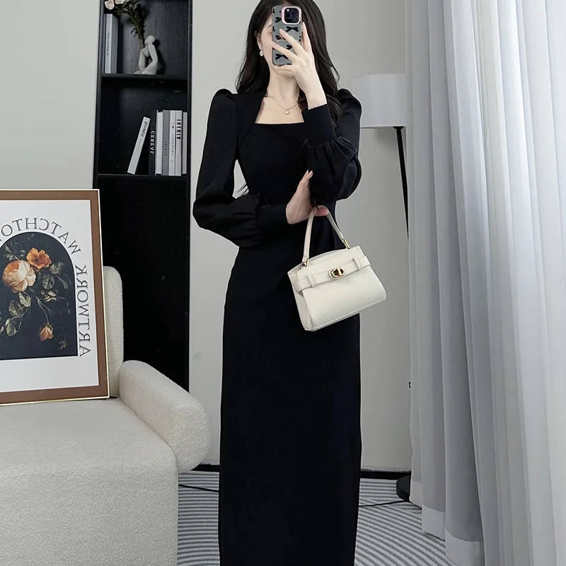 Women\'s Spring Fashion Simplicity Solid Color Square Collar Long Sleeve Dresses Women Clothes Elegant Temperament Long Dress