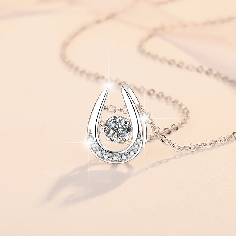 925 Silver Mosonite Fashion Necklace U-shaped Women's Horseshoe Jumping Heart Lock Bone Chain Pendant Wedding Jewelry