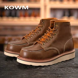 KOWM Hiking shoes men's walking boot leather trekking shoes thick soled cowhide high top motorcycle boots British Ankle sneakers