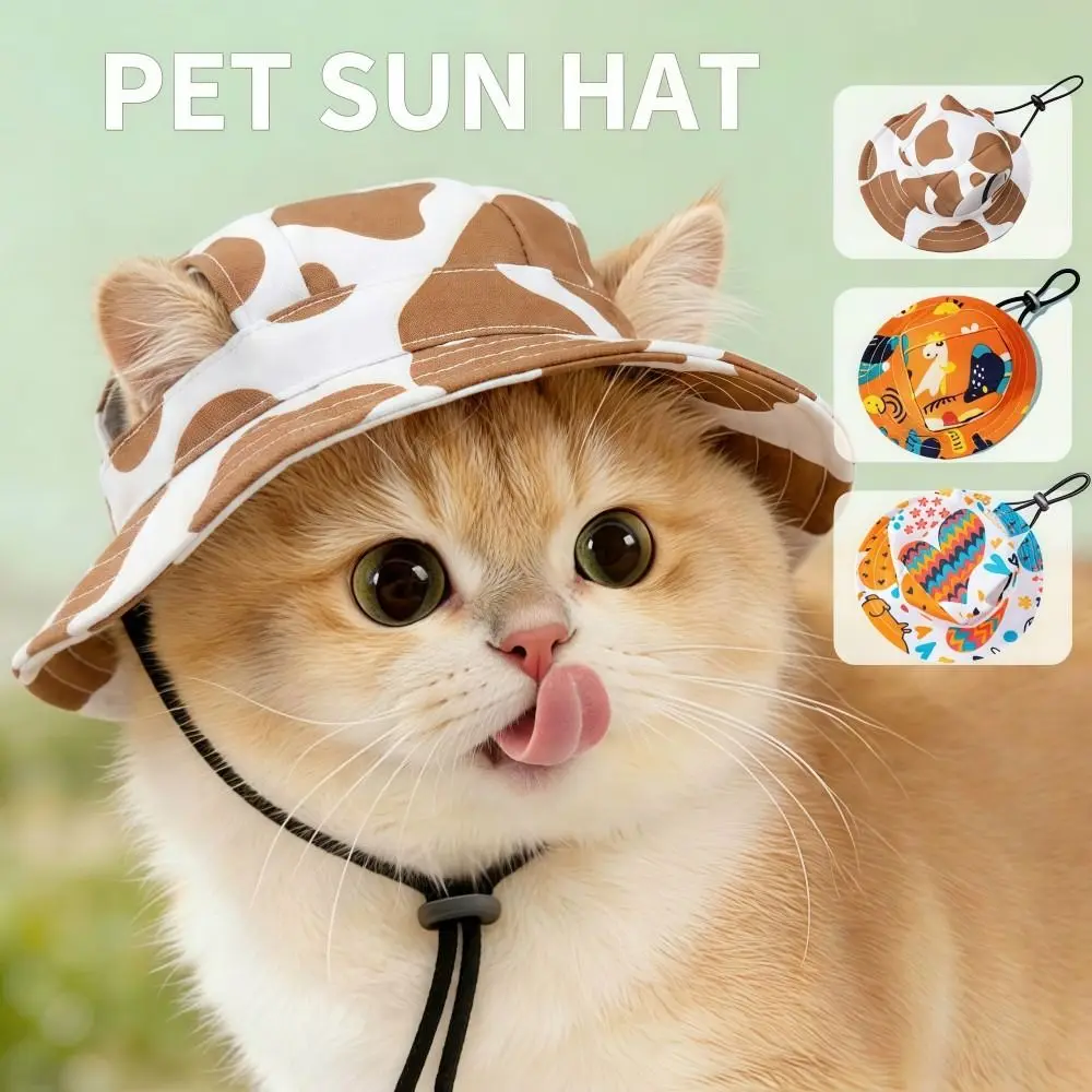 Breathable Cat Dog Sun Hat Adjustable Drawstring with Ear Holes Pet Bucket Hat Lightweight UV Protection Pet Cowboy Hat