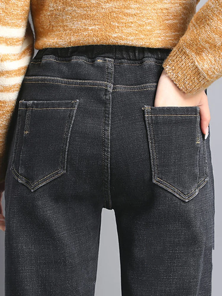 Winter Plush Lined High Waist Harem Jeans Big Szie 80kg Lace Up Denim Pants Vintage Thicken Vaqueros Warm Baggy Kot Pantolon