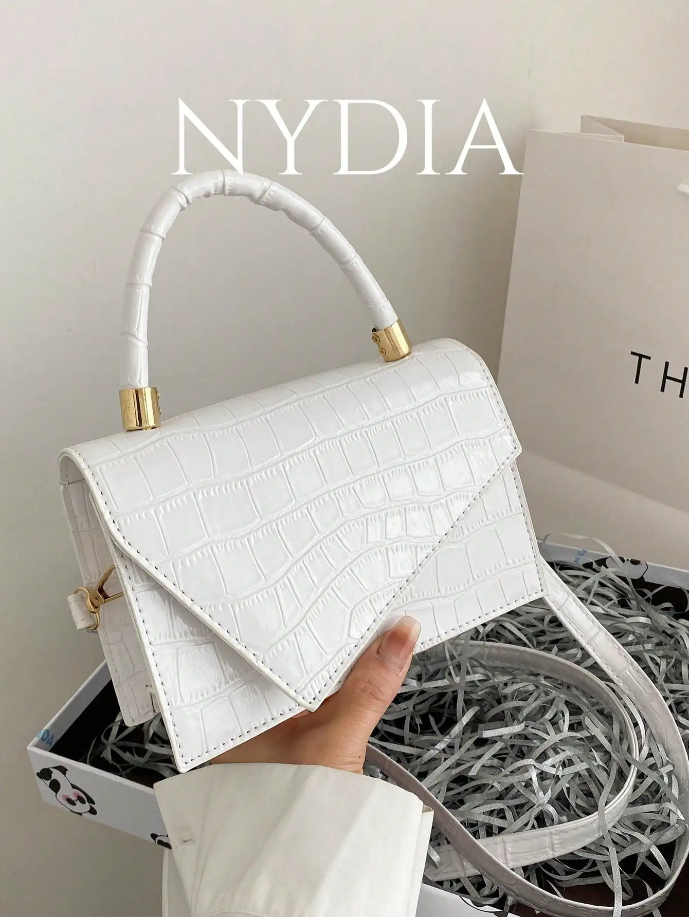 

White Croc-Embossed Flap Top-Handle Square Bag with Gold Hardware