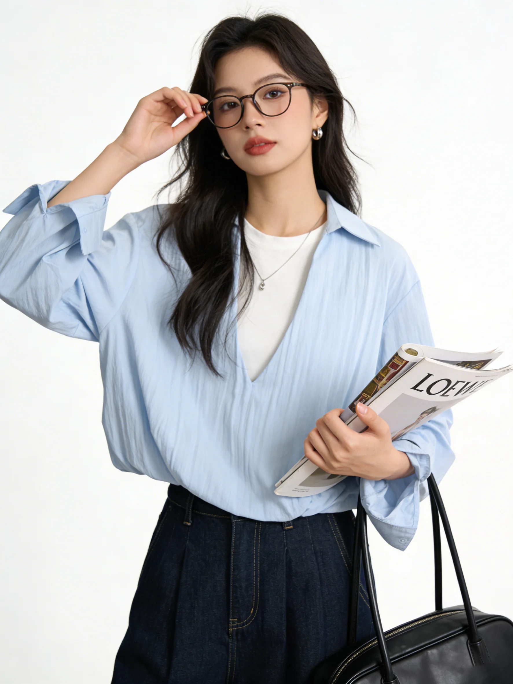 

Синяя винтажная рубашка в корейском стиле с эффектом омоложения, имитация двухслойности, элегантная повседневная универсальная короткая рубашка с V-образным вырезом, весенняя модная женская модель