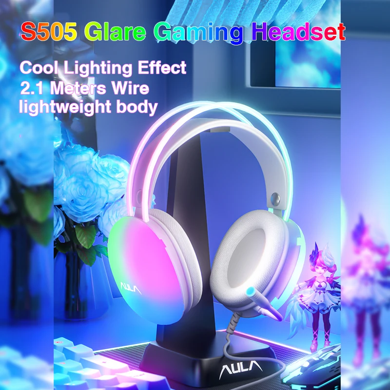 AULA S505 Wired Music Gaming Headset RGB Headband Transparent Earphone 360 Stereo Noise Canceling Headphones for PC Laptops