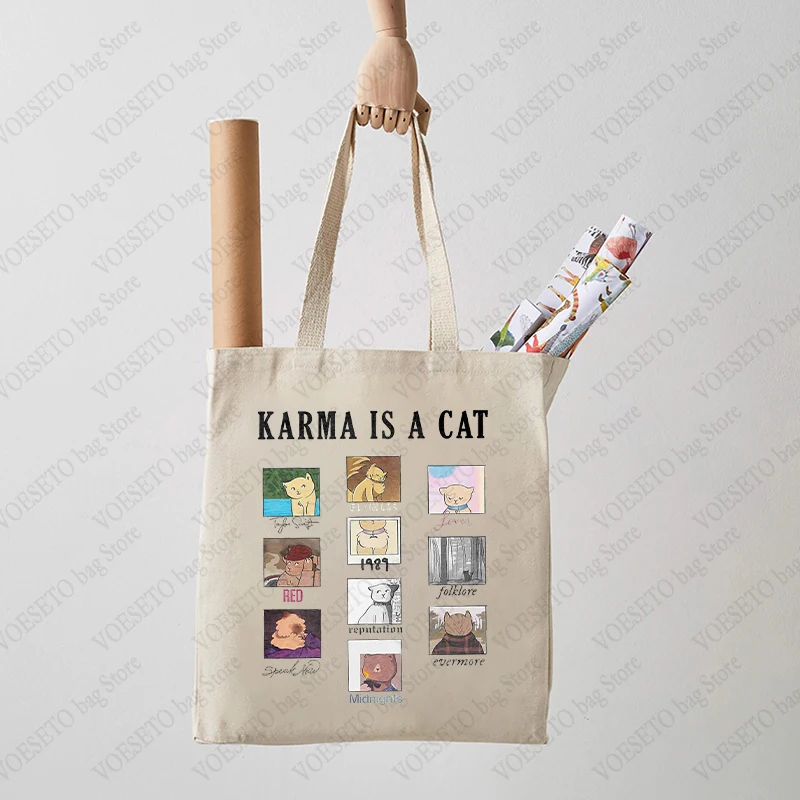 Karma Is A Cat Pattern Totes Kawaii Cat Graphic Canvas Tote Bag Large Capacity Reusable Aesthetic Shopper Handbags for Women