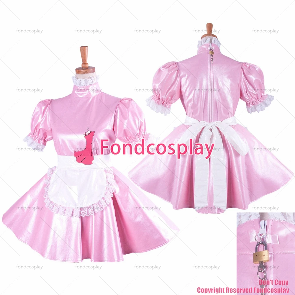 

fondcosplay adult sexy cross dressing sissy maid short lockable Faux leather baby pink dress CD/TV[G1424]