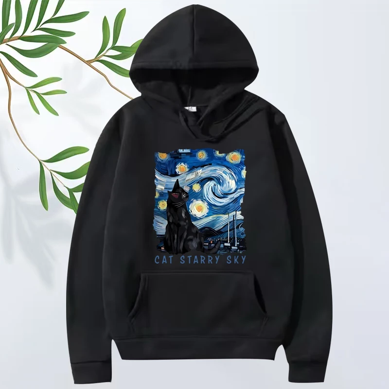

Cute Black Cat Starry Sky Night Vintage hoodie men women funny Long sleeve Sweatshirt with print Graphic oversized hoodie unisex