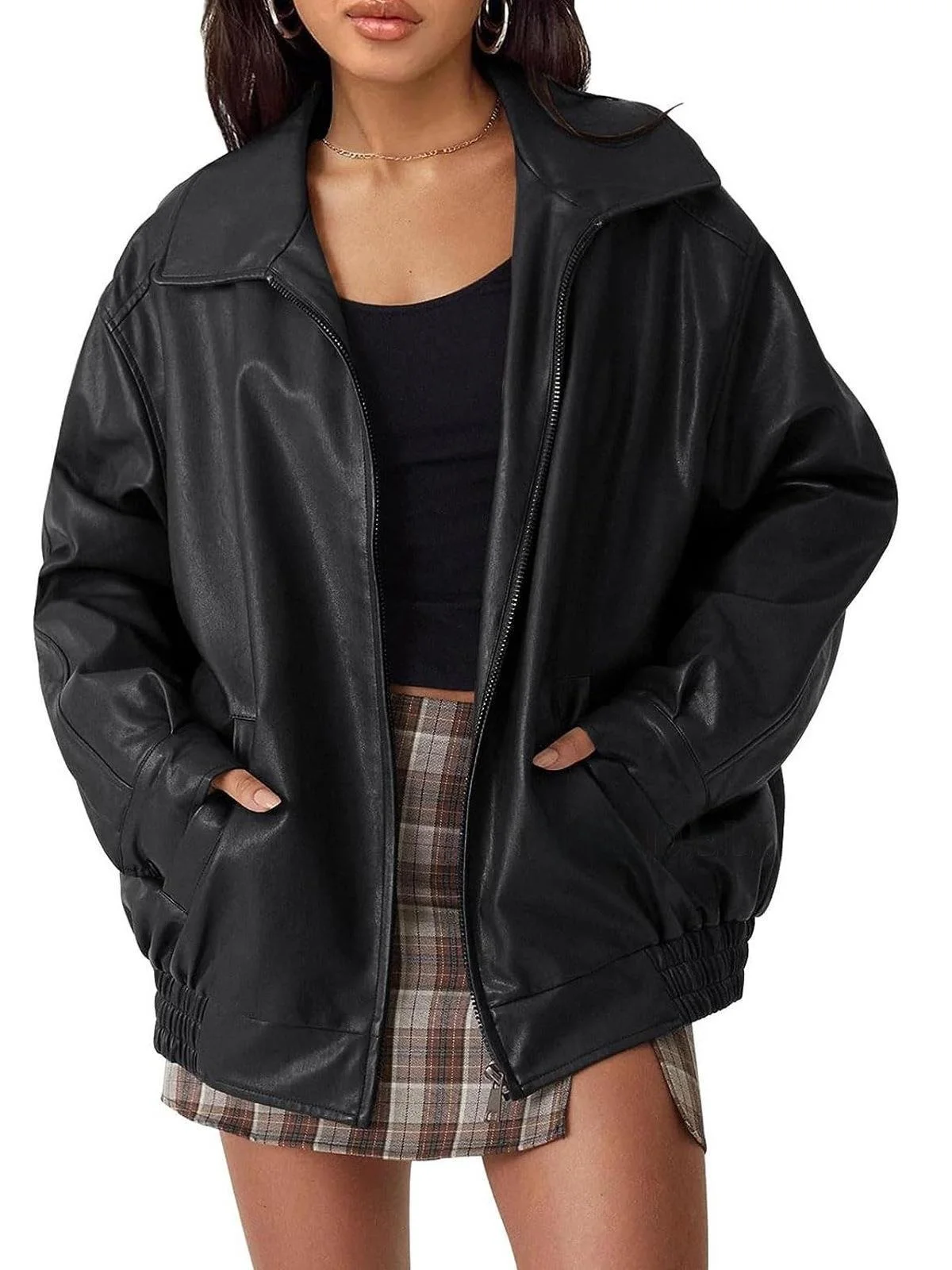 جاكيت نسائي من الجلد الصناعي بأكمام طويلة على طراز راكبي الدراجات النارية، تصميم فضفاض مع سحاب وياقة عالية وحاشية مطاطية #2