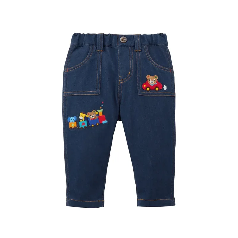 New Kids  Cotton Jeans with Cartoon Bear Rabbit Embroidery  Cute Train Pattern Casual Pants for Baby Toddler Spring Autumn