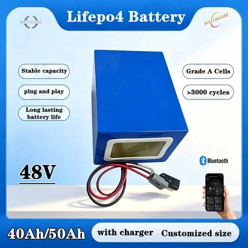 48V 40Ah 50Ah Lifepo4 Lithium Battery Pack 16S with 50A 80A Bluetooth BMS APP for 2000W Electric Scooter Bike Tricycle Boat Go-K