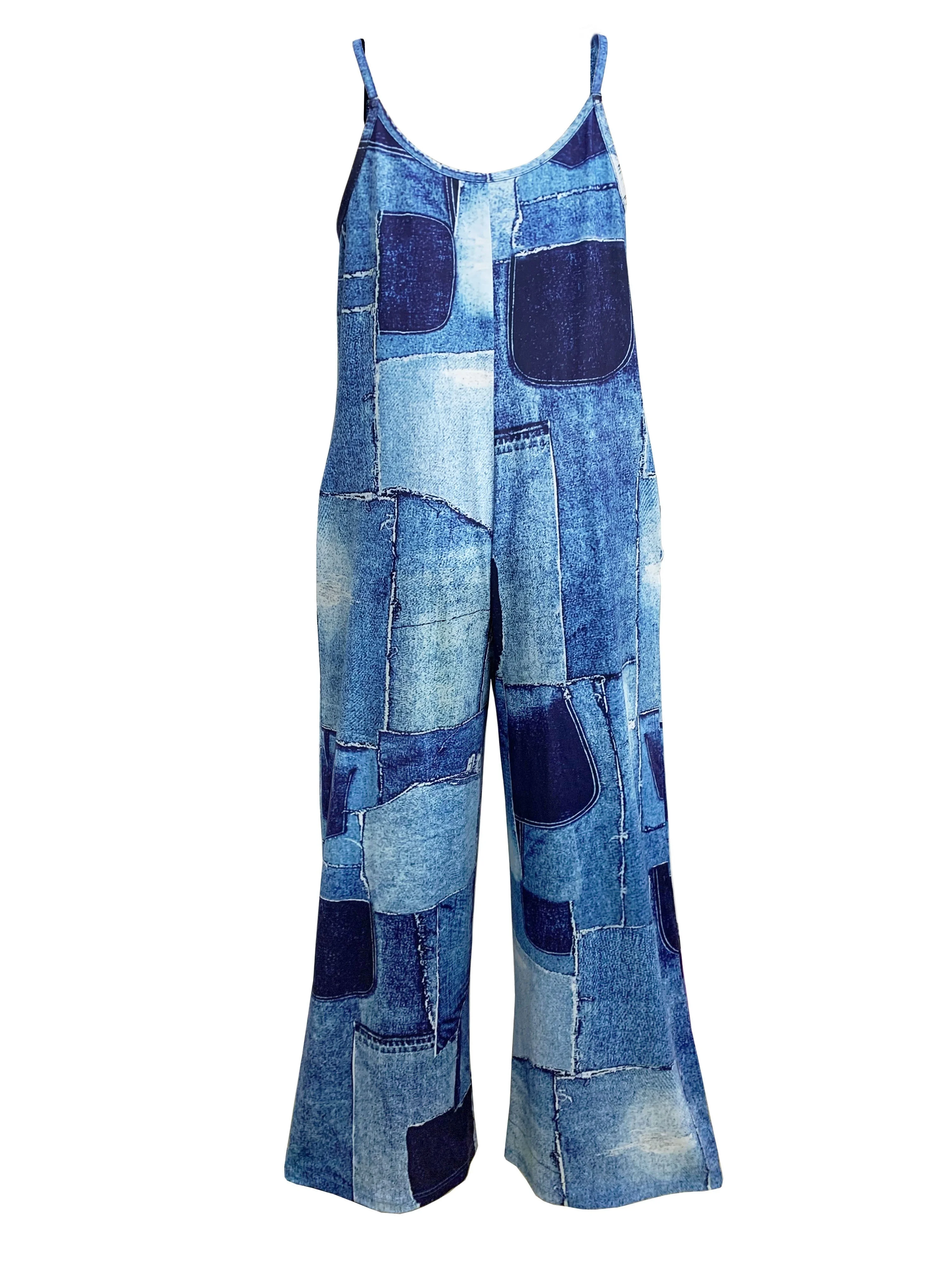 Denim Print Wide Leg Jumpsuit Casual Sleeveless Jumpsuit For Spring & Summer  Womens Clothing