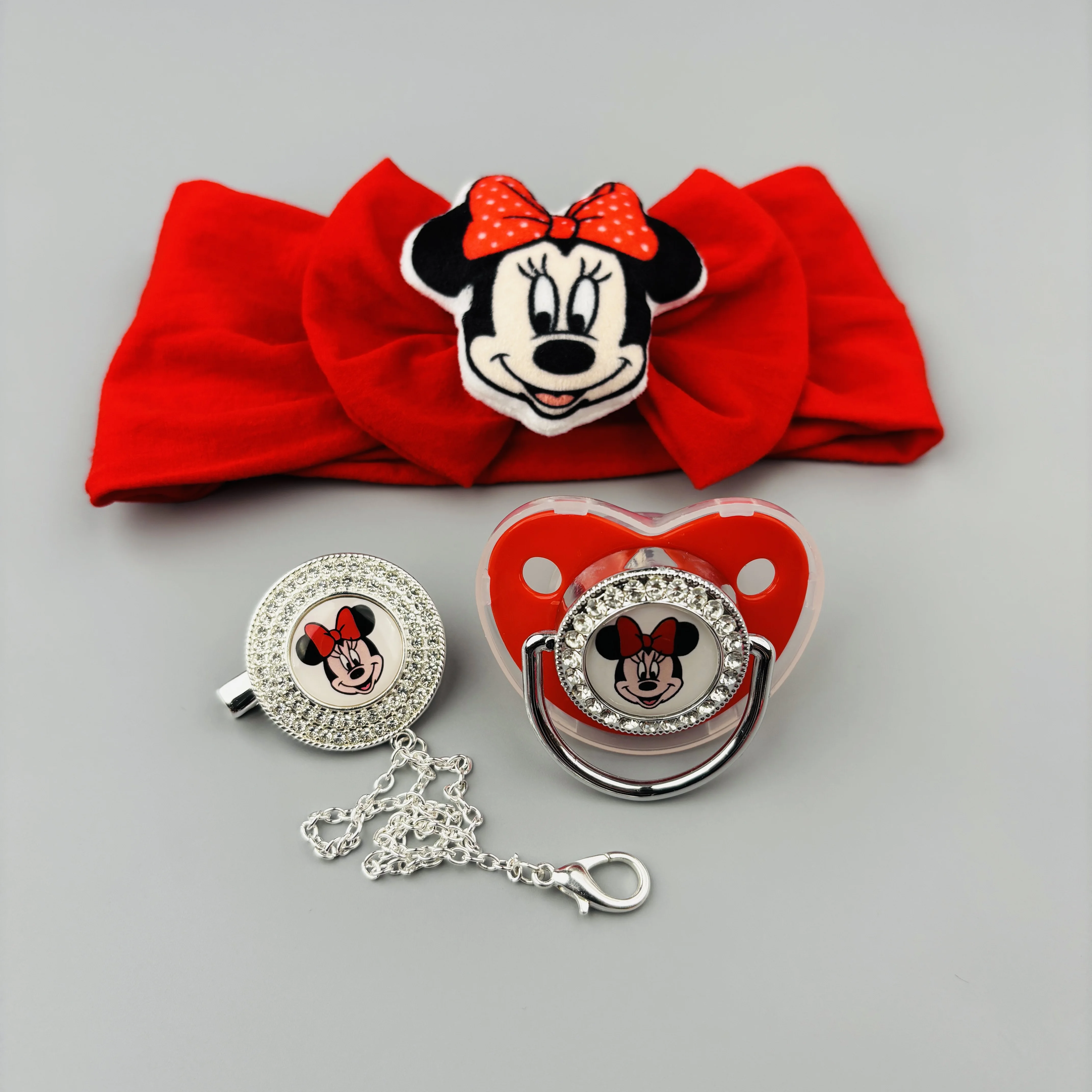 

Ослепительная детская соска с Минни Маус, детский ремешок для волос, детская соска с мультяшным принтом и зажим-цепочка, реквизит для кормления для мамы и ребенка