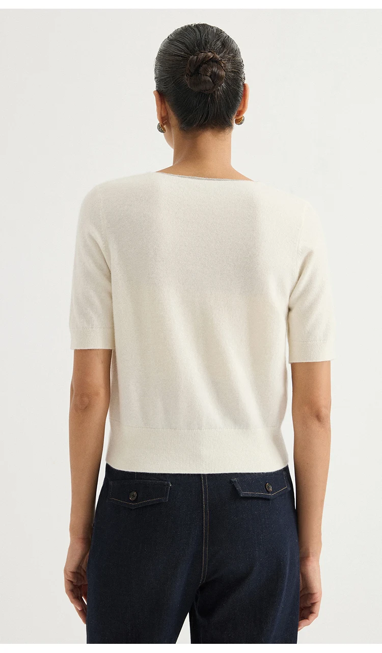 BD3621750 Damen-Pullover aus 100% Kaschmir mit V-Ausschnitt, kurzen Ärmeln, hängendem Kettendetail, weich, dezenter Luxus, elegant, für den frühen Herbst. – Detail 11