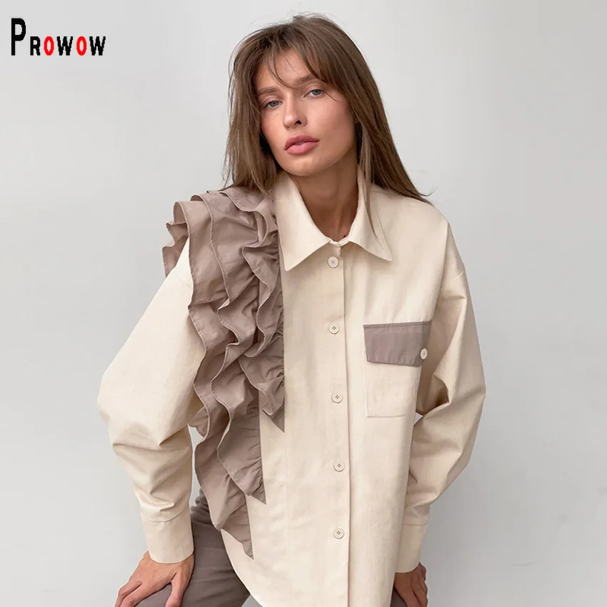 Prowow Aesthetic Design Women Blouses Sweet Ruffle Long Sleeve Fall Female Tops Clothes Single Breasted Paerty Wear