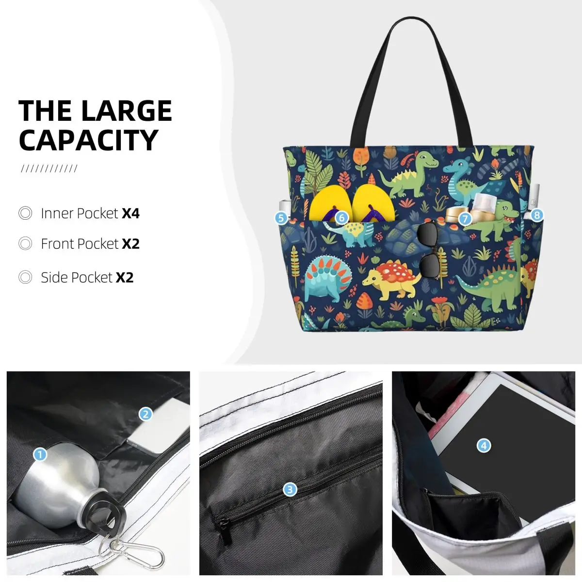 Cartoon Cute Dinosaur Pattern Beach Tote Bag Sport Gym Yoga Duffle Large Tote Bag Women Travel Bag Fitness bag