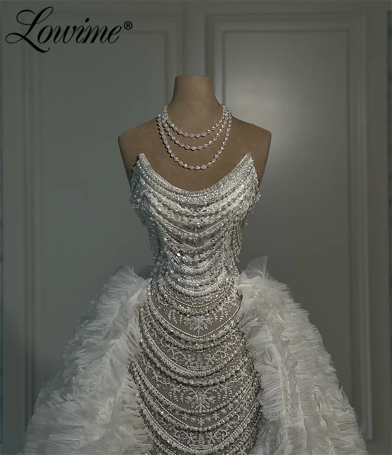 Robe De Soiree White Prom Dresses Abendkleider Beading Tassel Pearls 2 IN 1 Wedding Party Dress 2024 Arabic Long Evening Gowns