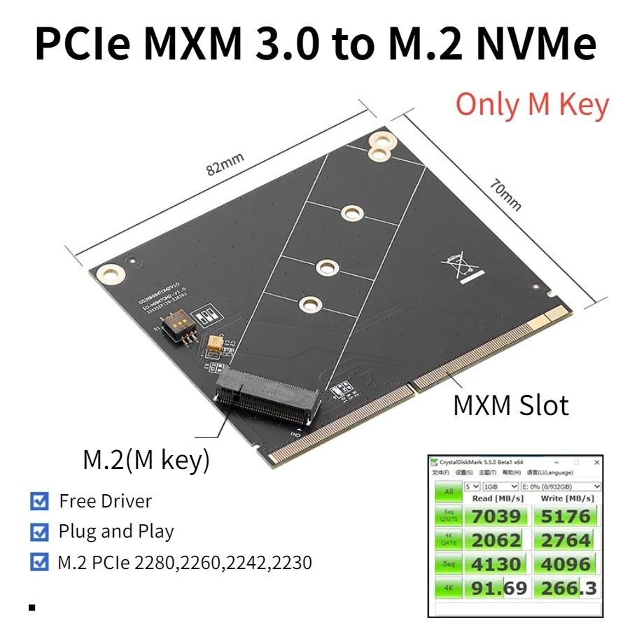 MXM to NVME Adapter Riser Board Converter PCIe MXM 3.0 to M.2 NVME Expansion Card Support 2230 2242 2260 2280 M2 NVME SSD for PC