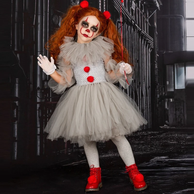 

Grey Clown Fluffy Tulle Tutu Dress Girls Mesh Princess Skirt Perfect for Halloween Party Cosplay and Kids Role Play Costume