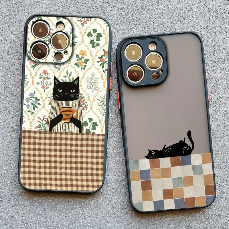 

Striped Flower Black Cat Phone Case For iPhone 17 16 15 11 12 14 13 Pro Max Mini X XS XR 7 Plus 17E Shockproof Hard Cover Fundas