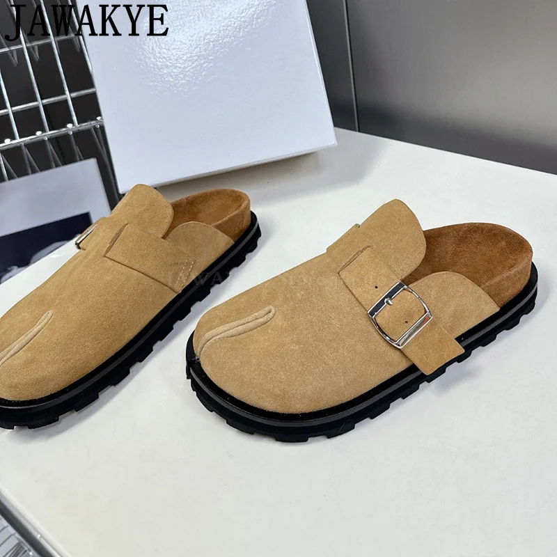 

Suede Leather Split Toe Shoes Women Round Toe loafers Flat Slippers Thick Sole Punk Slippers Fashion Causal Mules Slippers Woman