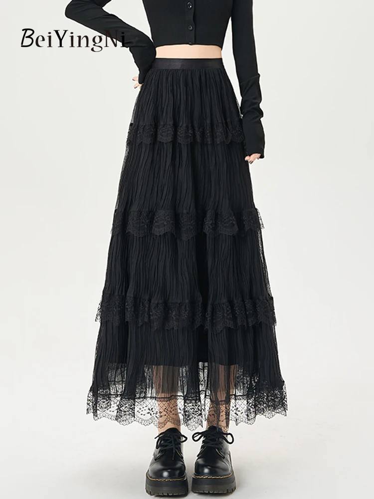 

Beiyingni, летняя повседневная женская юбка трапециевидной формы, кружевная лоскутная белая, черная юбка-фея, корейская мода, милая бохо миди Faldas