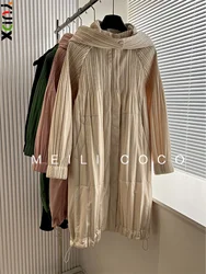 YUDX Miyake Pleated Solid Collar Hooded Fashion Women's Jacket 2024 Autumn Winter New Long-sleeved Slim Lengthened Windbreaker