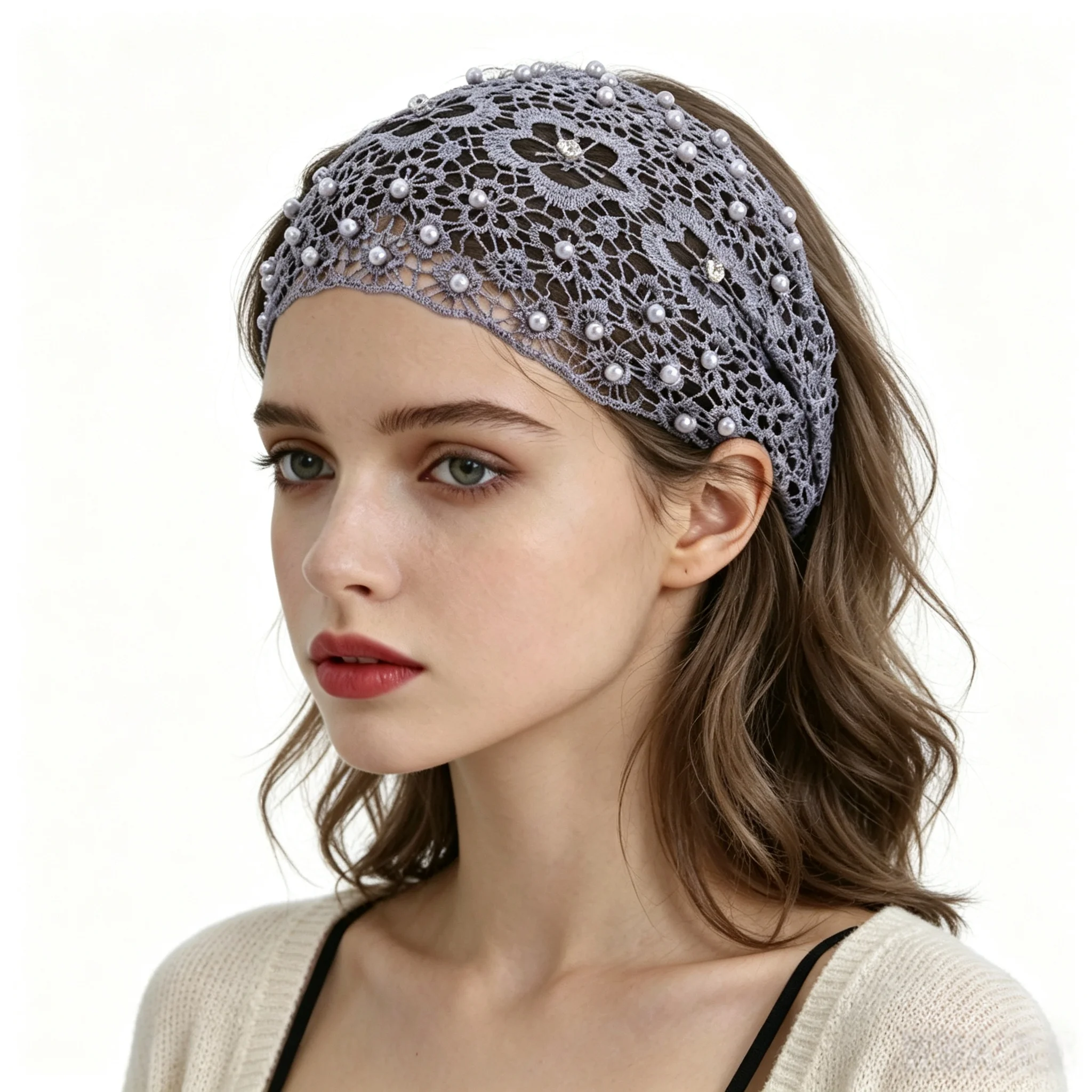 Women Lace Wide Headband Hollow Floral Hair Hoop Pearl Beads Elastic Turban Hairband Elegant Wedding Daily Hair Accessories