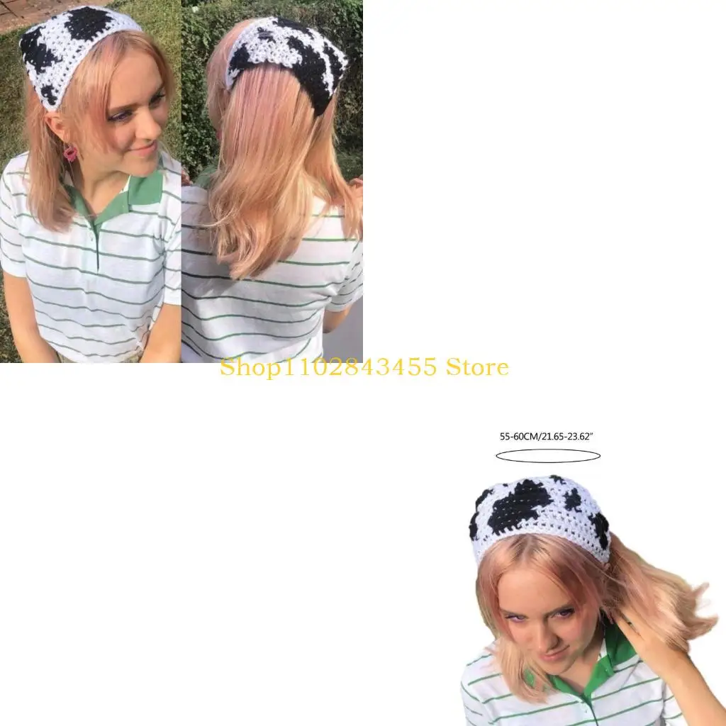 

49MC Handmade Knit Cow Pattern Hairband Add Color to Your Hairstyle in Camping Travel