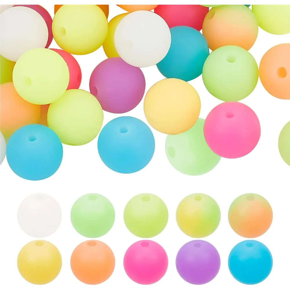 60Pcs 11.5mm Colorful Luminous Silicone Beads 10 Colors Round Silicone Loose Beads Glow in Dark Round Beads DIY Necklace