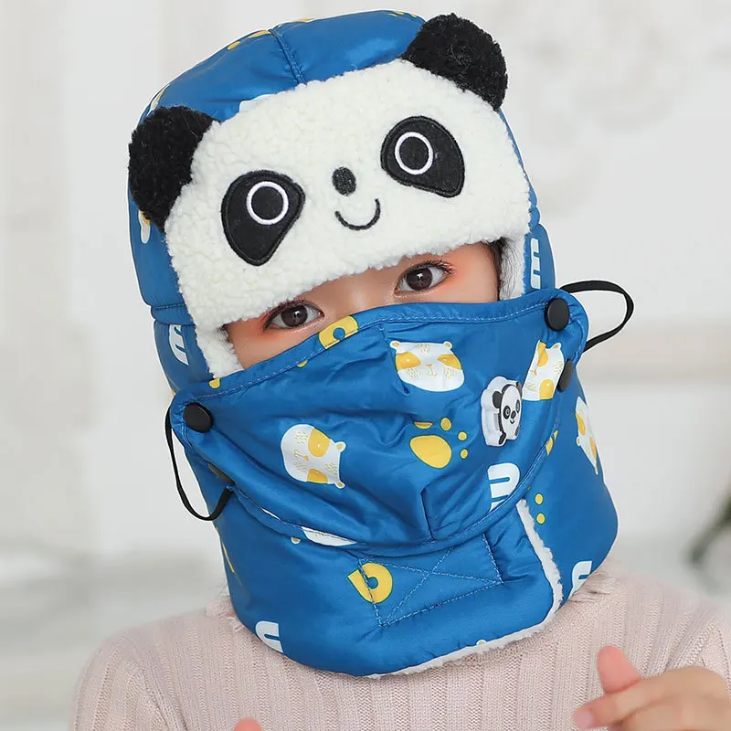 2022 Animal Panda Bomber Hat for Girl Boy Winter Hats Cap with Scarf Neck Masks Cotton Snow Cap Earflaps Russian Hat Mask Warm